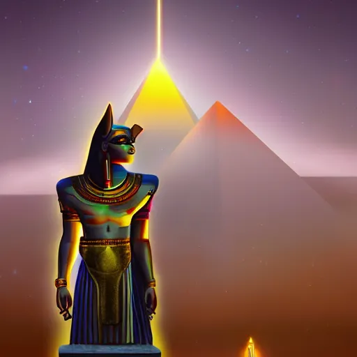 Image similar to egypt god, anubis, light beams, light lines, head, light circles, artstation, highly detailed, perfect lightning, pyramid, amon ra, crystall