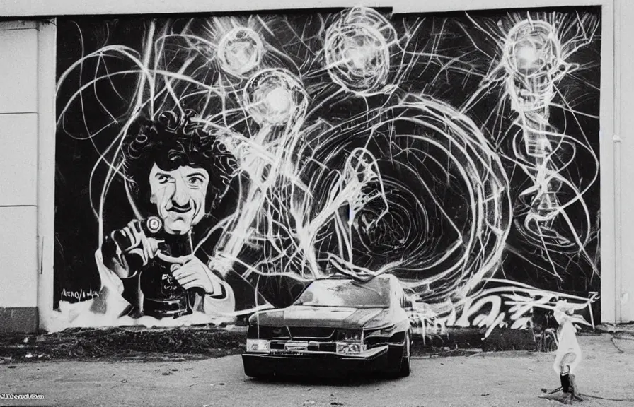 Prompt: DJ Nikolai Tesla spins some beats while MC Albert Einstein drops some dope rhymes, trendy futuristic street art, graffiti, 35mm camera