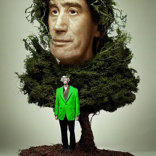 Prompt: a man in a green jacket with a tree on top of his head, a surrealist sculpture by kim keever, behance, pop surrealism, surrealist, dystopian art, whimsical