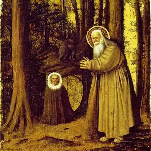 Prompt: St. Seraphim of Sarov talking to a bear in the woods by Leonardo Da Vinci