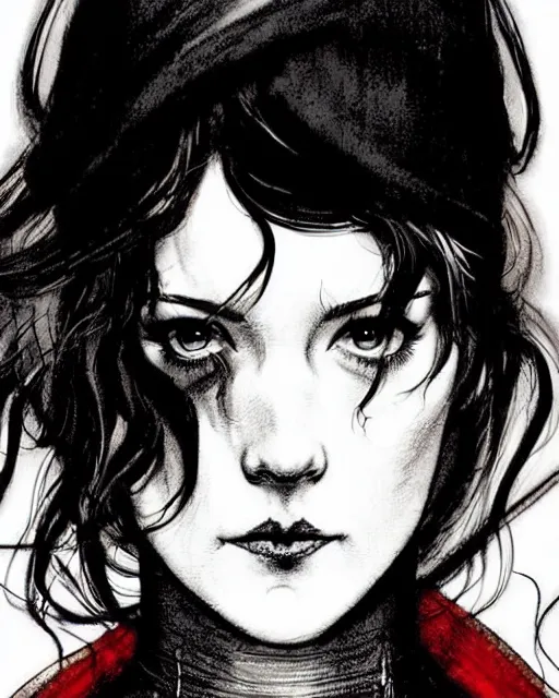 Image similar to style of arthur rackham, artgerm, rafael albuquerque, steve niles : : gorgeous mary elizabeth winstead : : evil sorceress, swirling black magic, black dress : : symmetrical face, symmetrical eyes : : full body pose : : gorgeous red hair : : cinematic lighting : :