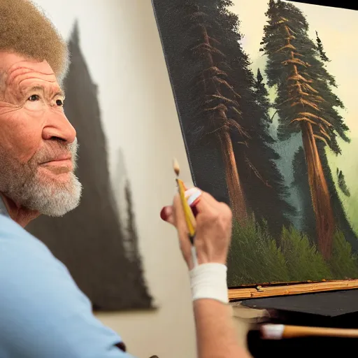 Image similar to a closeup photorealistic photograph of bob ross working on a canvas painting of darth vader. film still. brightly lit scene. mountains and trees. this 4 k hd image is trending on artstation, featured on behance, well - rendered, extra crisp, features intricate detail, epic composition and the style of unreal engine.