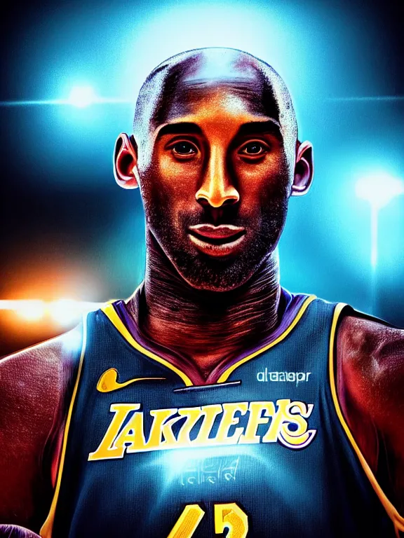 Image similar to portrait art of Kobe Bryant, 8k ultra realistic , lens flare, atmosphere, glow, detailed,intricate, full of colour, cinematic lighting, trending on artstation, 4k, hyperrealistic, focused, extreme details, unreal engine 5, cinematic, masterpiece