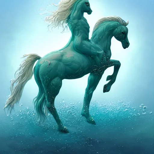 Prompt: a fantastical transparent small turquoise spirit horse made of water and foam and algae and ice, splashing water, wave, translucent, ethereal, noble, radiant, hyperalism, scottish folklore, digital painting, artstation, concept art, smooth, 8 k frostbite 3 engine, ultra detailed, art by artgerm and greg rutkowski and magali villeneuve