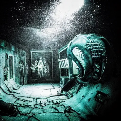 Prompt: abandoned theme park animatronic underwater, underwater photograph, dark, scary lighting, eerie, surreal, submechanophobia,