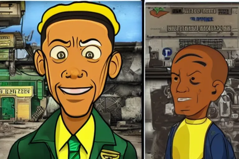 Prompt: obama as a vault boy from fallout, pipboy art, highly detailed