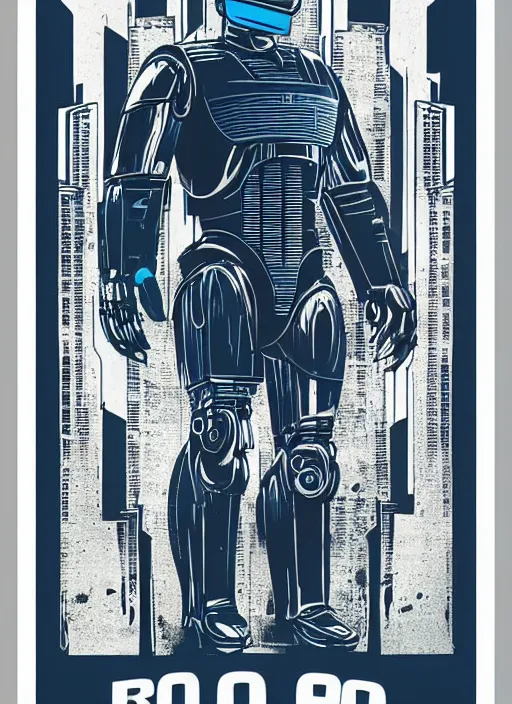 Prompt: A RoboCop movie poster by Paul Rand. Screen printed. Tritone blue, black, and silver. Printed on white paper. Paper texture