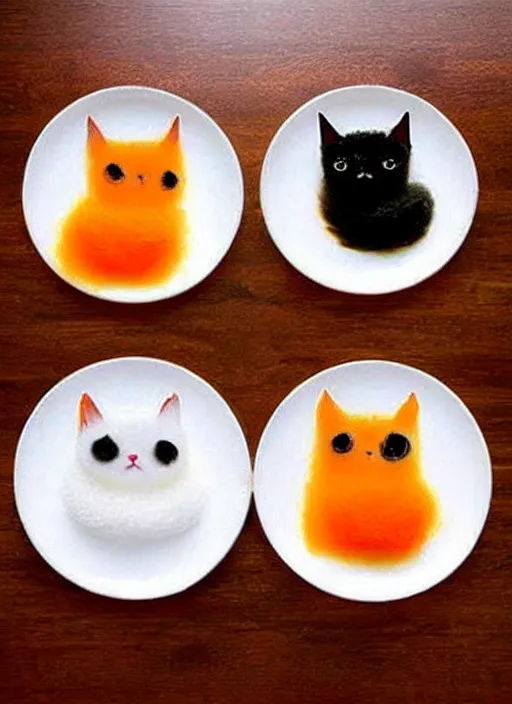 Image similar to clear surrealist painting of adorable cats made from sushi rice, sitting on sushi plates with garnish