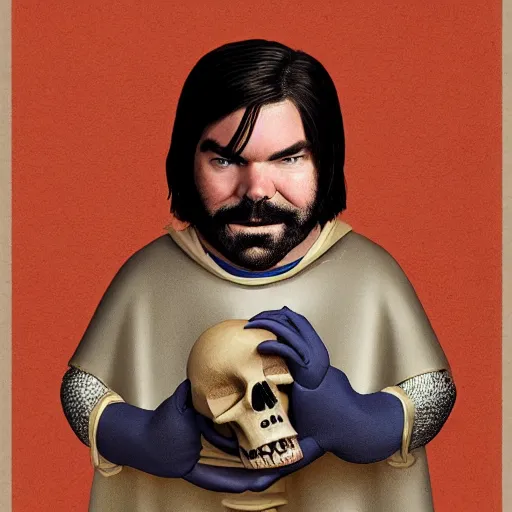 Image similar to a portrait of matt berry as a medieval doctor holding a skull, pixar, dark fantasy