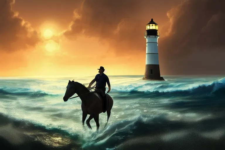 Image similar to photo of man riding a horse along the beach, glowing underwater waves toward a lighthouse in the distance guiding his way, silhouette, wide horizon, large white clouds, night, intricate, elegant, highly detailed, digital painting, artstation, concept art, smooth, sharp focus, illustration, art by artgerm and greg rutkowski and fra angelico