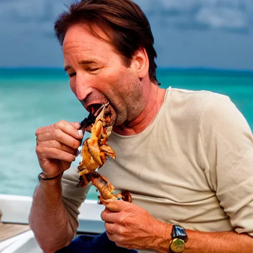 Prompt: photo of david duchovny eating soft shell crab on a yacht in the bahamas at sunset