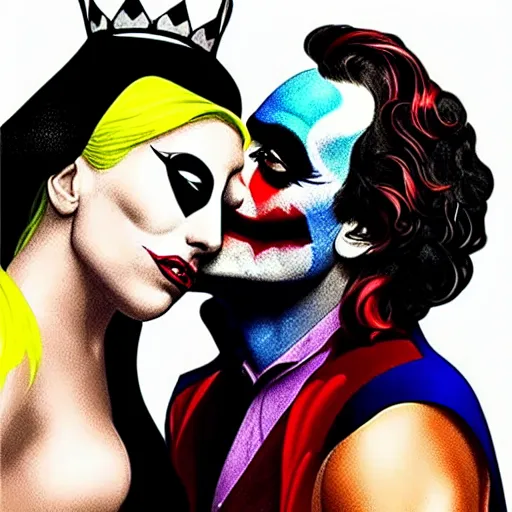 Image similar to richard hamilton and mimmo rottela as lady gaga harley queen and joaquin phoenix joker couple kissing, pop art, 2 color, left and right align, object details, dynamic composition, 4 k, ultra realistic art, smooth, sharp focus, illustration, concept art, intricate details, h 7 6 8
