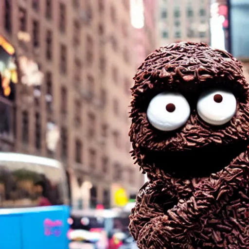 Prompt: chocolate cookie monster rampaging through New York