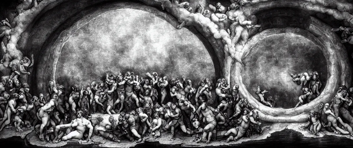 Prompt: alvah angelrune water portal to hell located in heaven, photorealistic, crowd of people, rule of thirds, 4 k, dark bright effect, michelangelo