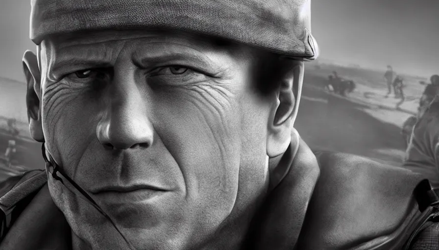 Image similar to black and white 4 0's photos of bruce willis during d - day in omaha beach, hyperdetailed, artstation, cgsociety, 8 k