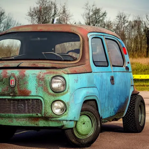 Prompt: nuclear themed ratrod car in the frame of a fiat panda. nuclear, mechanical ad, vehicle photoshoot, distant. hd ratrod, exposed engine, racer