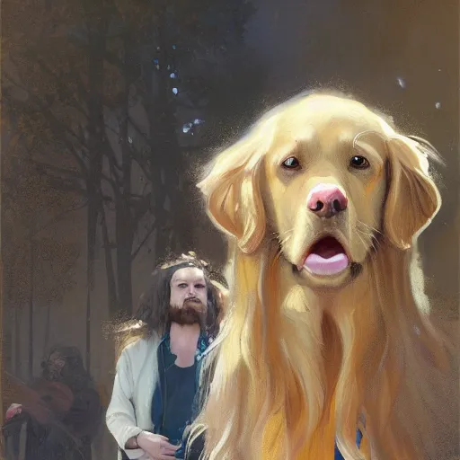 Image similar to oil painting of a young man with long hair blond and a beard hippie style painting on a golden retriever, people watching around, by greg rutkowski, artstation