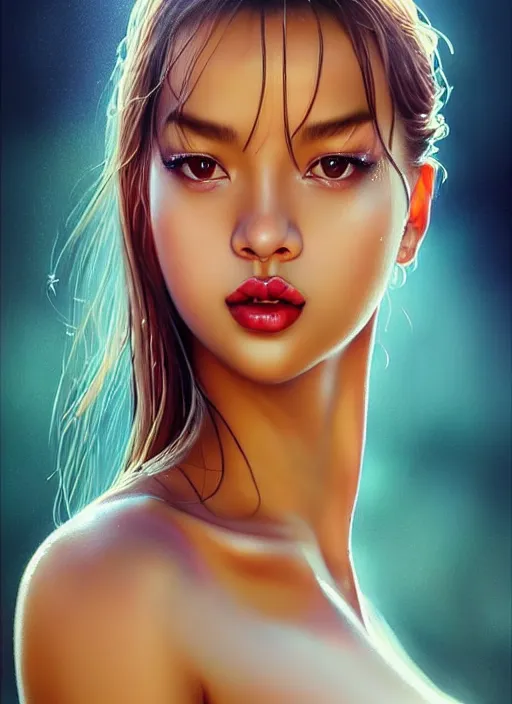 Prompt: glamorous and sexy wet Lalisa Manobal in sumptuous blouse, beautiful, pearlescent skin, natural beauty, seductive eyes and face, elegant girl, natural beauty, very detailed face, seductive lady, full body portrait, natural lights, photorealism, summer vibrancy, cinematic, a portrait by artgerm, rossdraws, Norman Rockwell, magali villeneuve, Gil Elvgren, Alberto Vargas, Earl Moran, Enoch Bolles