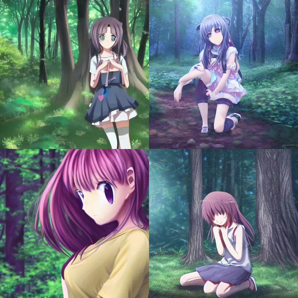 Prompt: Anime Girl Lost In A Forest, 4K, Sad
