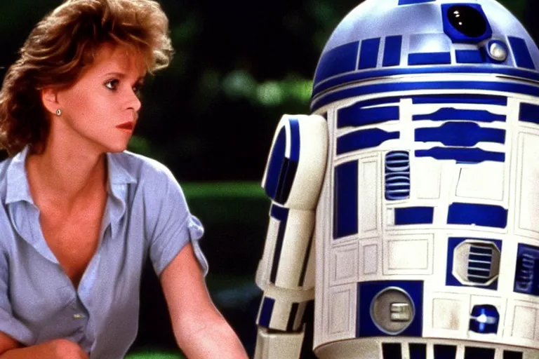 Prompt: a movie still from the 1989 romcom movie when Harry Met R2D2 starring Billy Crystal and Meg Ryan as R2D2