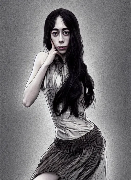 Prompt: full length photo of Oona Chaplin in the style of Junji Ito, full body, not realistic, sharp focus, 8k high definition, insanely detailed, intricate, elegant, art by stanley lau and artgerm
