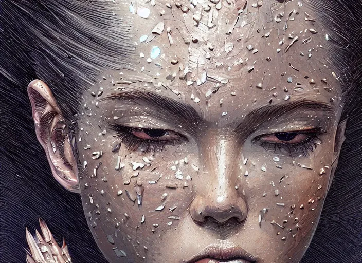 Image similar to a stupid head with highly detailed realistic nails sticking out of it, hammered nails, pain, light effect, hyper detailed, intricate, elegant, highly detailed, digital painting, artstation, concept art, matte, sharp focus, illustration, by dan mumford, yusuke murata, makoto shinkai, ross tran