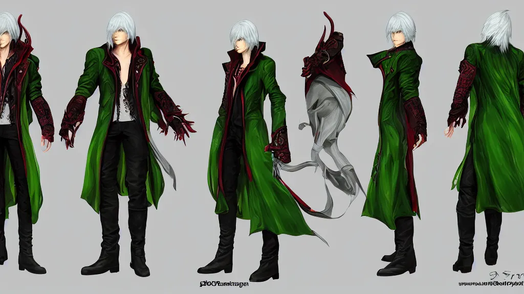 Prompt: devil may cry long haired green coat son of sparda character design sheet, trending on artstation