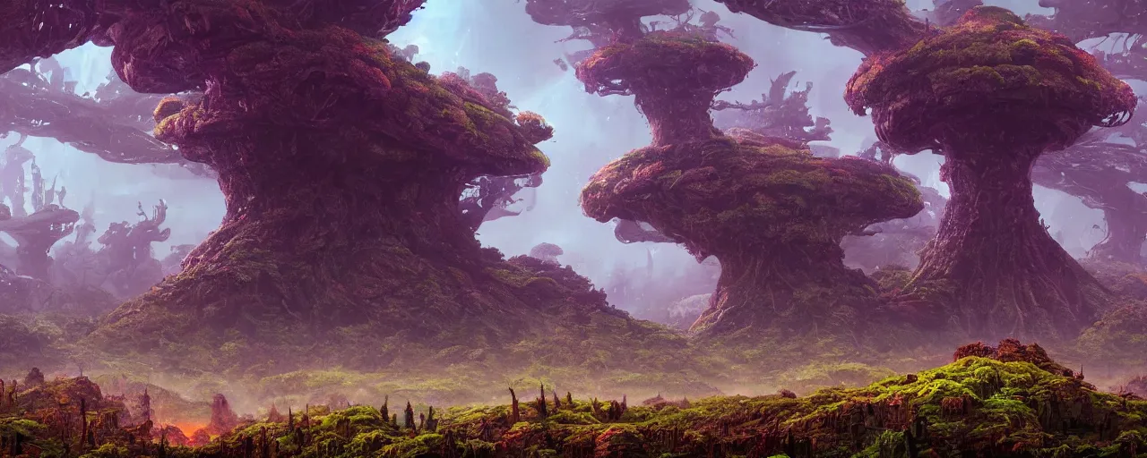 Image similar to ” mysterious alien landscape covered in foliage, [ lush, cinematic, detailed, epic, widescreen, opening, establishing, mattepainting, photorealistic, realistic textures, octane render, art by slop and paul lehr ] ”