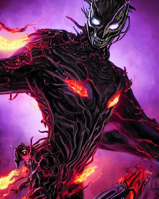 Image similar to ghost rider symbiote, purple and red variant, dynamic lighting, fantasy concept art, trending on art station, stunning visuals, creative, cinematic, ultra detailed, comic strip style