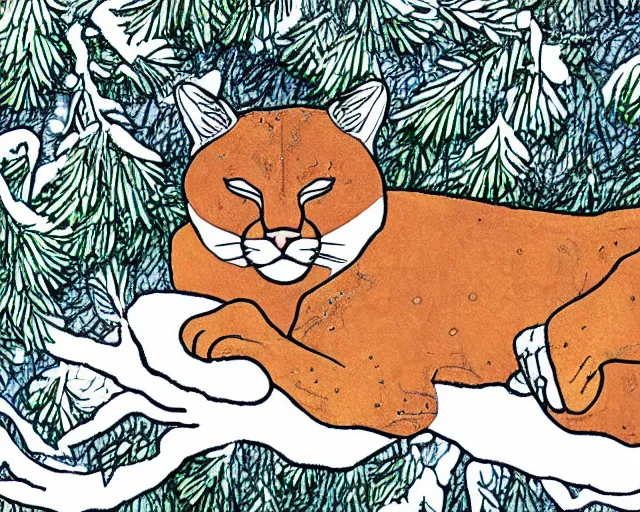 Image similar to unfinished colouring book showing 'a cougar sleeping in the middle of snowy pine tree' laying on coffee table, zoomed out shot, HD, iphone capture