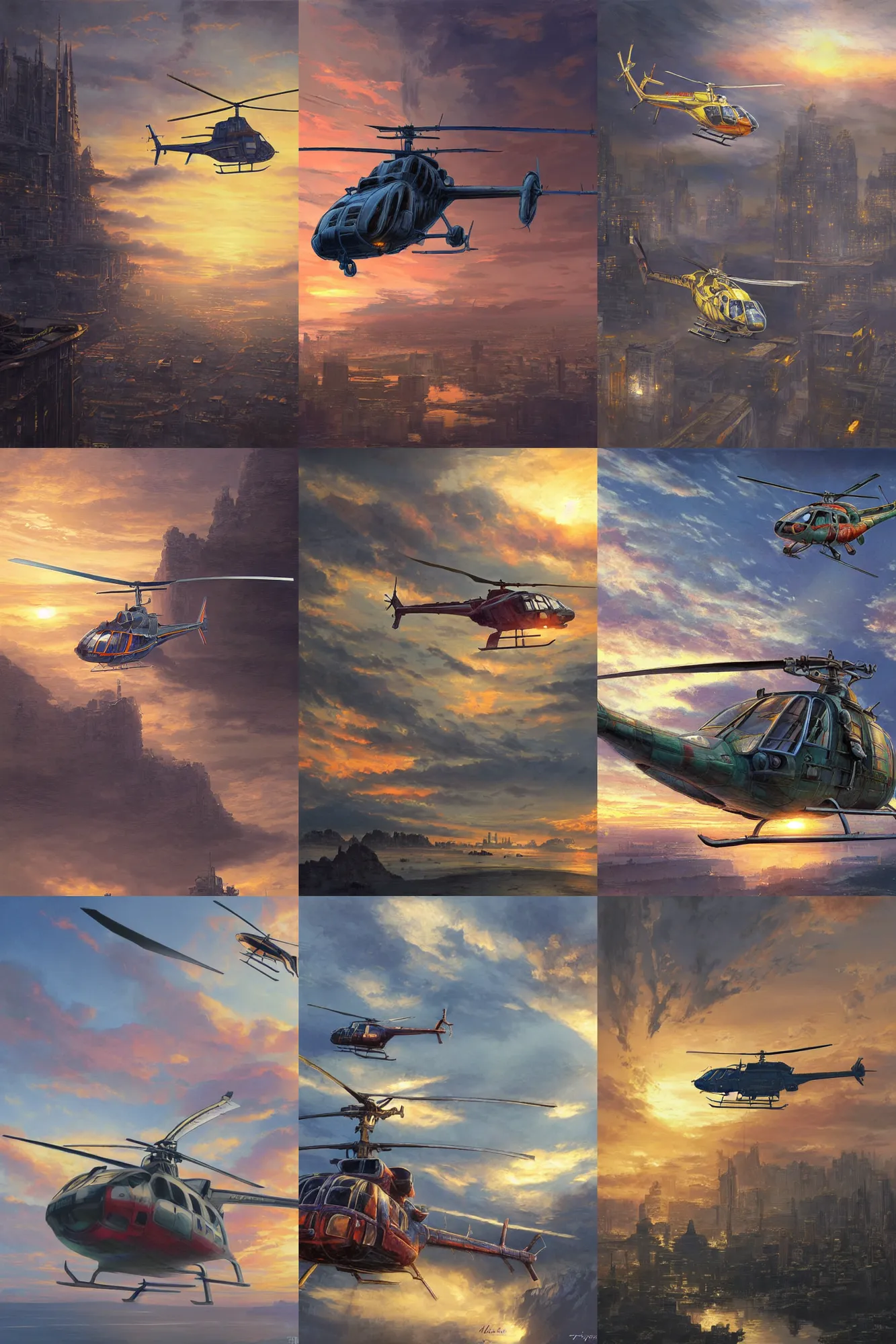 Prompt: a helicopter is flying around the empire buidling, the buidling is highly detailed, sunset lighting, by yoshitaka amano, hiroshi yoshida, painterly, ultra detailed, sunset light, digital art, concept art, illustration