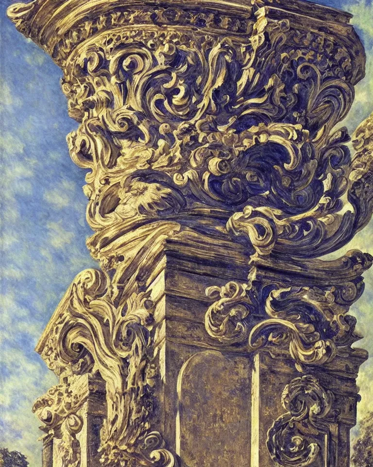 Image similar to achingly beautiful painting of intricate ancient roman corinthian capital on brilliant sapphire background by rene magritte, monet, and turner. giovanni battista piranesi.