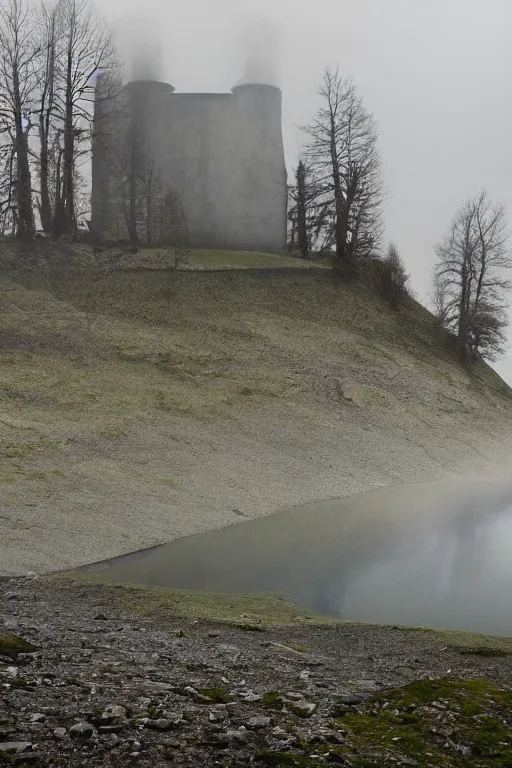 Prompt: brocken spectre, ghost of the lake, ruined castle