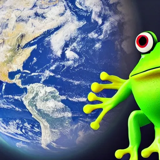 Prompt: a photo of a frog with muscles standing on two feet and lifting planet earth on its hands
