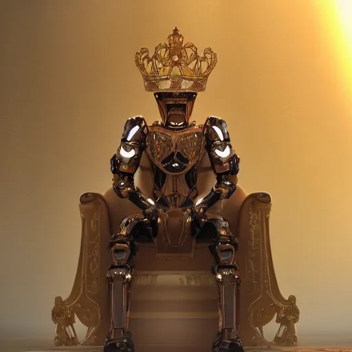 Image similar to Majestic picture of a humanoid robot wearing a kings robe, sitting on a throne, artstation