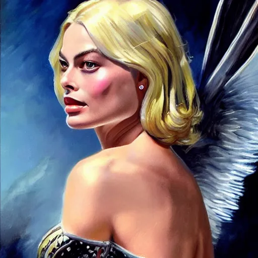 Prompt: ultra realistic portrait painting of margot robbie with beautiful extravagant wings in x - men, art by frank frazetta, 4 k, ultra realistic, highly detailed, epic lighting.