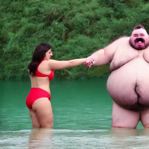 Image similar to a leaked photo of a screaming, hairy, fat man that is wearing a swimsuit and kissing the worlds largest toad