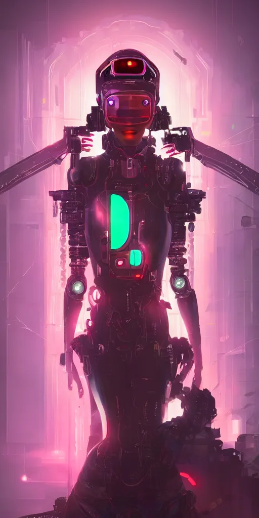 Image similar to a cyberpunk robot geisha sorceress, warcore, sharp focus, detailed, artstation, concept art, 3 d + digital art, wlop style, biopunk, neon colors, futuristic, neon noire, moody, d & d