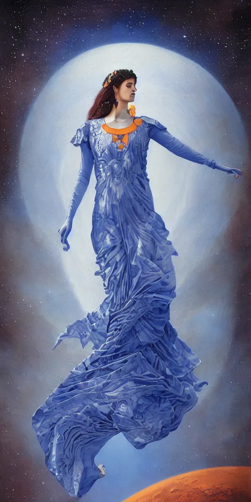 Image similar to full body portrait of beautiful goddess of mars theme inspired wearing blue and white carved details moving dress, she is floating in the air, planet mars in the background, open sky, highly detailed, mystical, little orange fog, circle forms, iper realistic, paint on canvas, art by tom bagshaw and karol bak