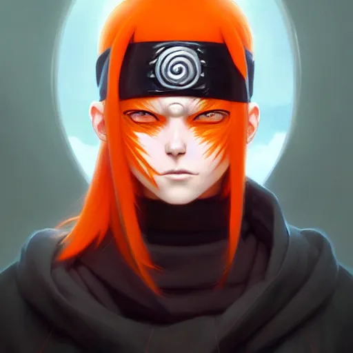 Image similar to pain from naruto, orange hair, onion eyes, ears piercing, highly detailed, digital painting, artstation, concept art, sharp focus, illustration, art by greg rutkowski and alphonse mucha