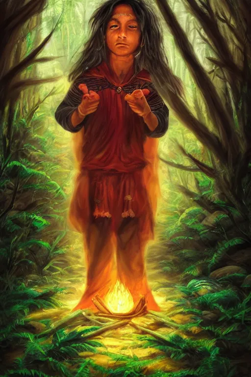 Prompt: aztec sorcerer casting a powerful spell in a dark forest, by lilia alvarado, lilia alvarado art, digital painting, digital art,