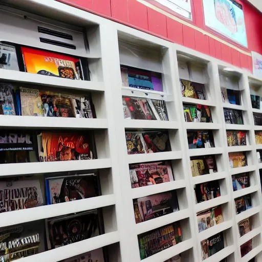 Image similar to photograph of the inside of a DVD shop, detailed