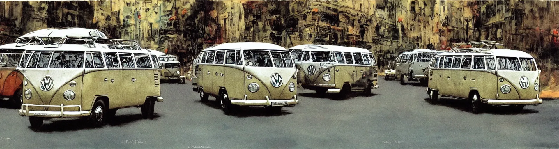 Image similar to a detailed vw buses racing in the street by frank frazetta