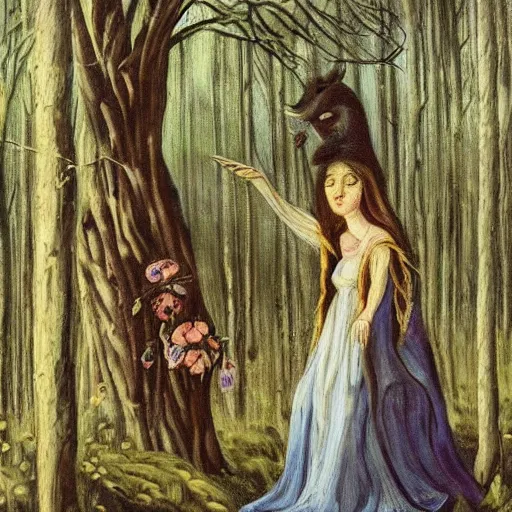 Image similar to In the experimental art Vasilisa can be seen standing in the forest, surrounded by animals. She is holding a basket of flowers in one hand and a spindle in the other. Her face is turned towards the viewer, with a gentle expression. In the background, the forest is depicted as a dark and mysterious place. american romanticism, Pokémon by Lucian Freud, by Marjorie Miller defined, blocks