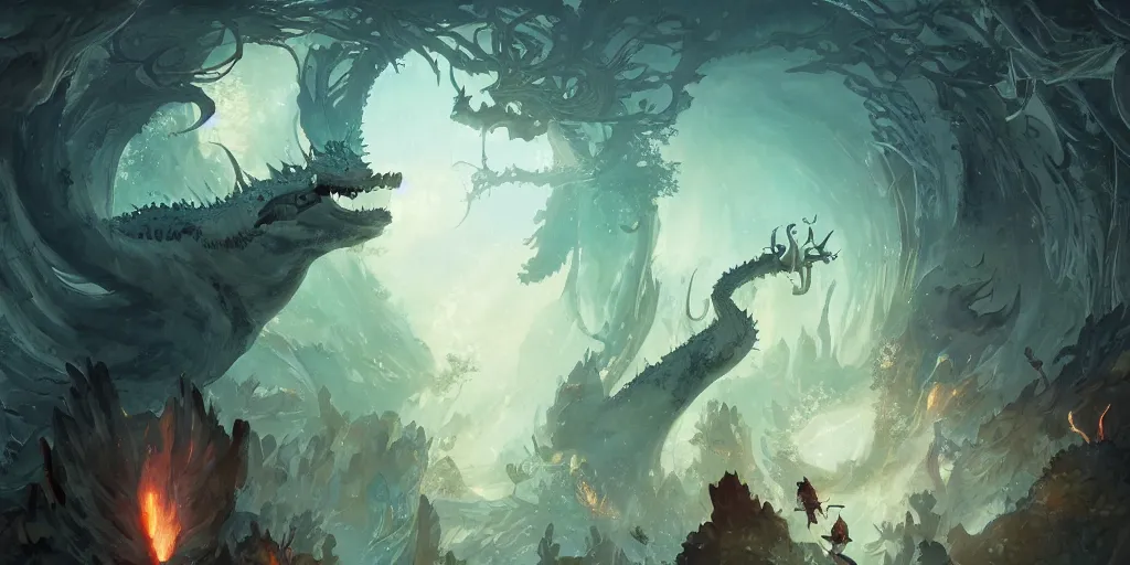 Prompt: by oga kazuo & peter mohrbacher & james jean & john howe & victo ngai, in the magical forest fantasy, an epic scene from a movie ghibli, giant white dragon alligator, fire, sauron, rays of light