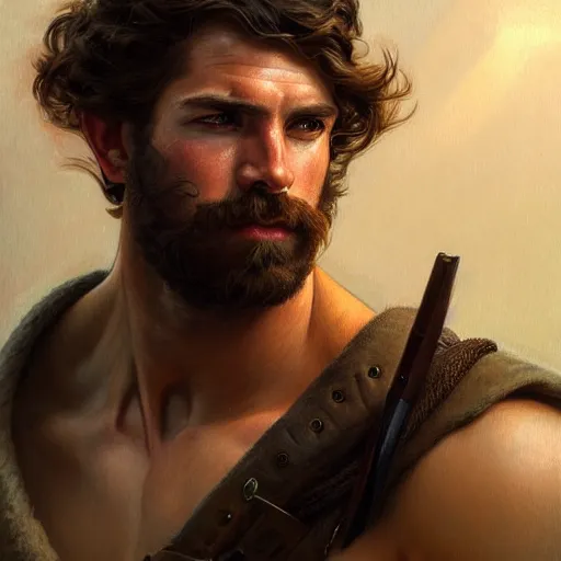 Image similar to portrait of a young rugged ranger, muscular, upper body, hairy torso, D&D, fantasy, intricate, cinematic lighting, highly detailed, digital painting, artstation, concept art, smooth, sharp focus, illustration, art by Artgerm and Greg Rutkowski and Alphonse Mucha