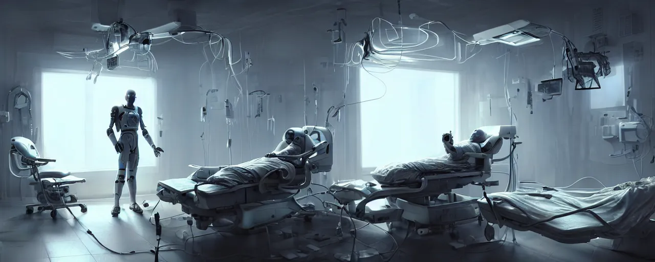 Image similar to an intricate concept art of a man in the hospital waking up in the future, experimental human robot, electronic wires connected to his body concept art, matte painting, style by dylan cole and tyler edlin art, hyper realistic, sci - fi, environment design, low - angle, unreal engine, epic lighting,