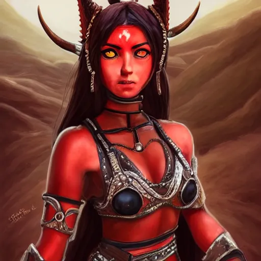 Prompt: portrait of a berber tiefling woman with red skin, devil horns and black hair in a ponytail wearing a steel chestplate in a desert, half body, single subject, ambient lighting, highly detailed, digital painting, trending on pixiv fanbox, studio ghibli, extremely high quality artwork, art by ross tran and artgerm and makoto shinkai