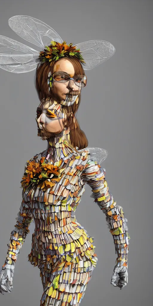 Image similar to an anthromorphic beautiful bee woman wearing striped couture made out of wax and paper and flower petals, at a fashion shoot, trending on Art Station, 3D, octane render,