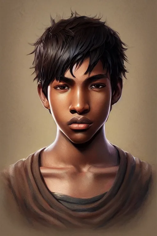 Image similar to young teenager boy with straight short brown hair, dark skin, big lips. highly detailed, d & d, fantasy, highly detailed, digital painting, trending on artstation, concept art, sharp focus, illustration, art by artgerm and greg rutkowski and fuji choko and viktoria gavrilenko and hoang lap